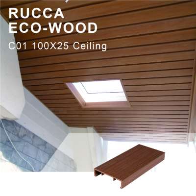 Foshan Ruccawood WPC Indoor Decorative Suspended Ceiling Panel, PVC False Ceiling Panel Design for living room/bathroom 100*25mm